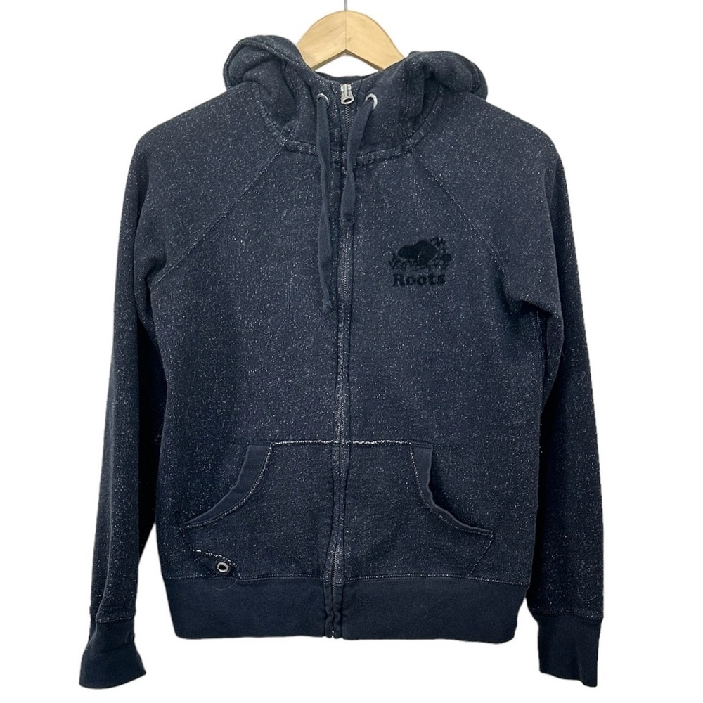 Roots Canada Black Heathered Hooded Zip Up Hoodie Sweatshirt Women’s Sz Medium
